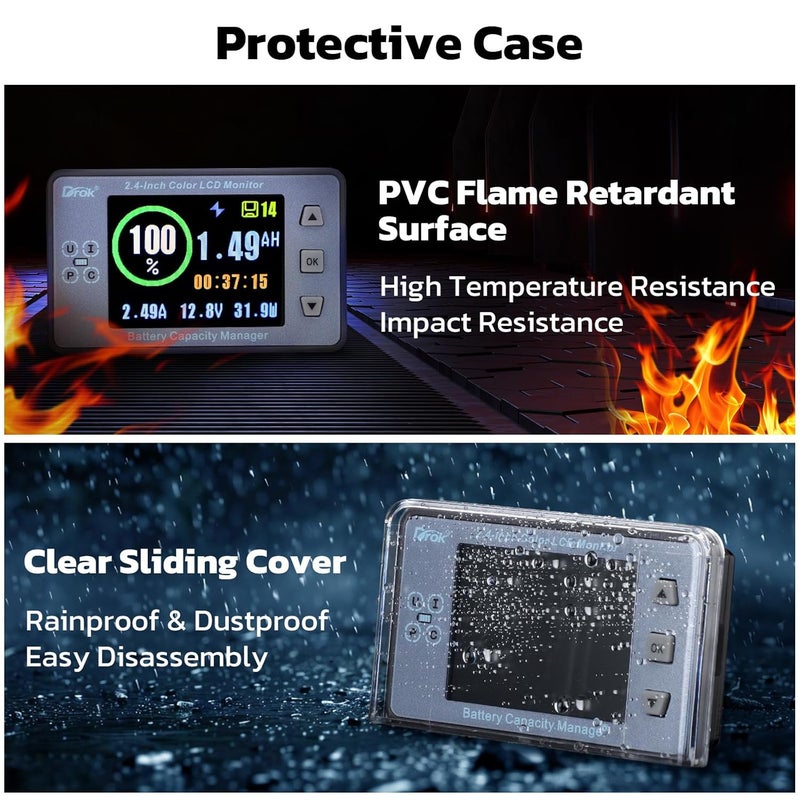 DROK عداد بطارية، DC 8-100V 500A نوع مقسم متعدد الاختبار 12V 24V 36V 48V 60V عداد واط، نسبة السعة الوقت الطاقة الفولتميتر الأمبير لمركبات RV الألواح الشمسية عربات الجولف صوت السيارة - Image 3